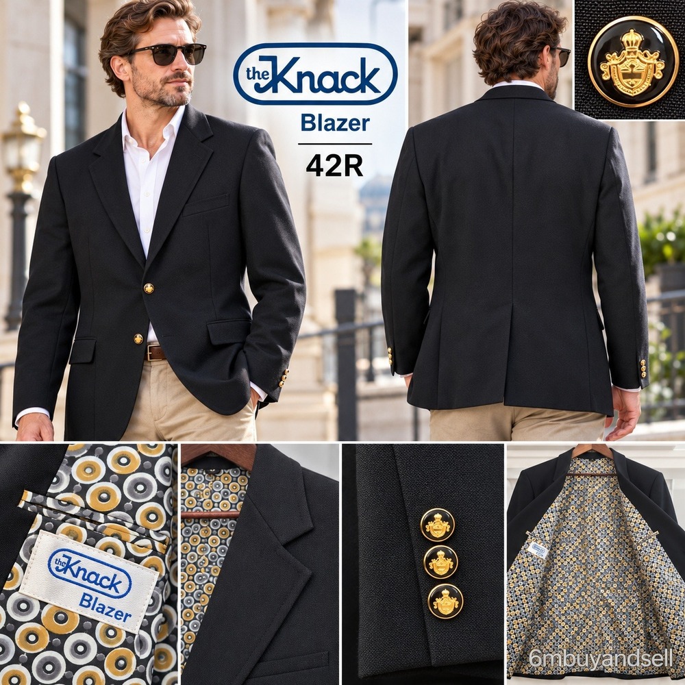 The Knack Blazer Mens Black Gold Crest Button Union Made Vintage Sport Coat 42R